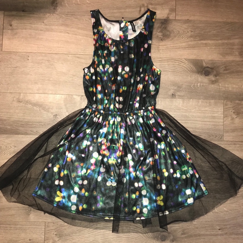 Christmas light dress with mesh overlay